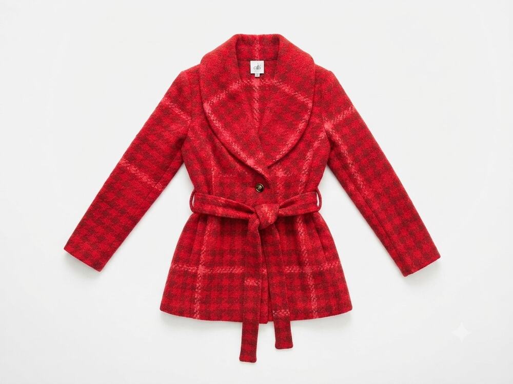 Cabi M 4295 Red Plaid Belted Evita Coat Houndstooth Check Preppy Autumn